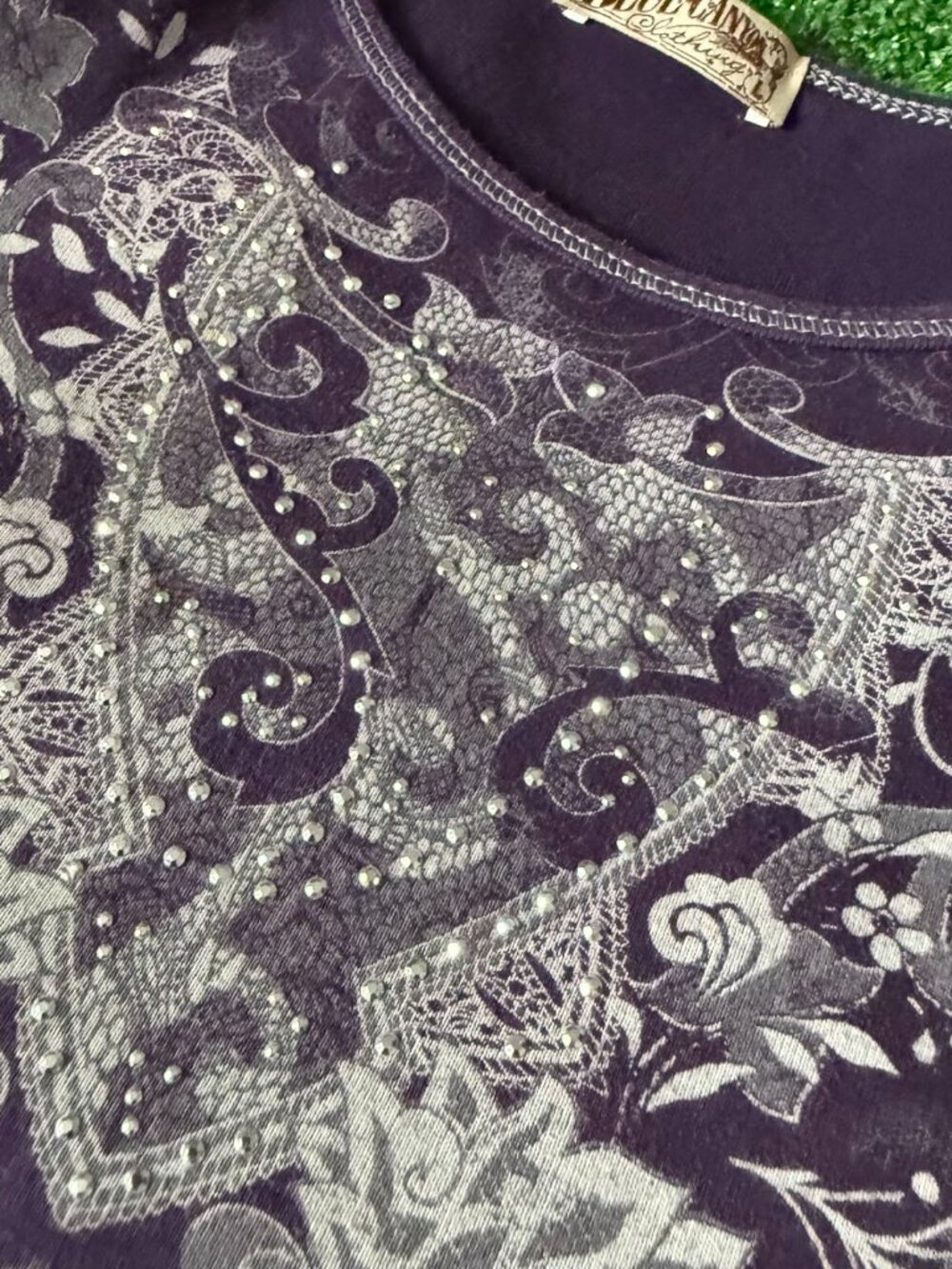 Vintage Blue Canyon Rhinestone Embellished Boho Long Sleeve T-Shirt Size L - Picture 8 of 14
